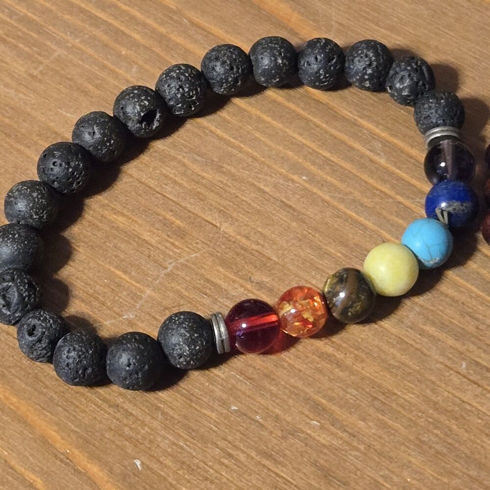 (2) 7-Chakra Volcanic Lava & Wood Prayer Bead Bracelets - Picture 2 of 5